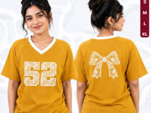 Ladies Raglan V-Neck Cotton T-Shirt | 100% Cotton Casual Graphic Tee | Front 52 Print & Back Ribbon Design (K-1079)